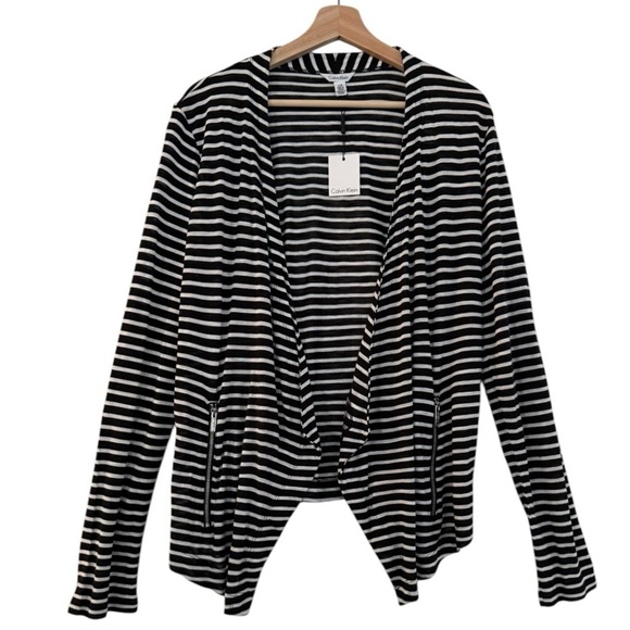 CALVIN KLEIN Striped Black & White Open Front Waterfall Cardigan Size L NEW - Picture 1 of 8